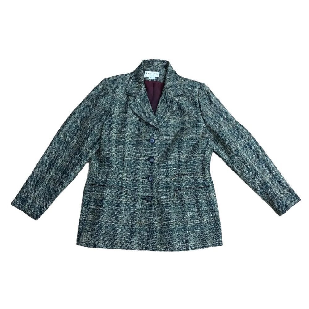 VTG 90s RENLYN New York Tweed Knit Blazer Jacket Women's 14P Green Coat …​​